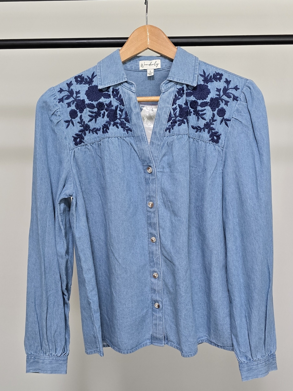 Wonderly Light Blue Denim Button-Down Shirt with Navy Floral Embroidery
